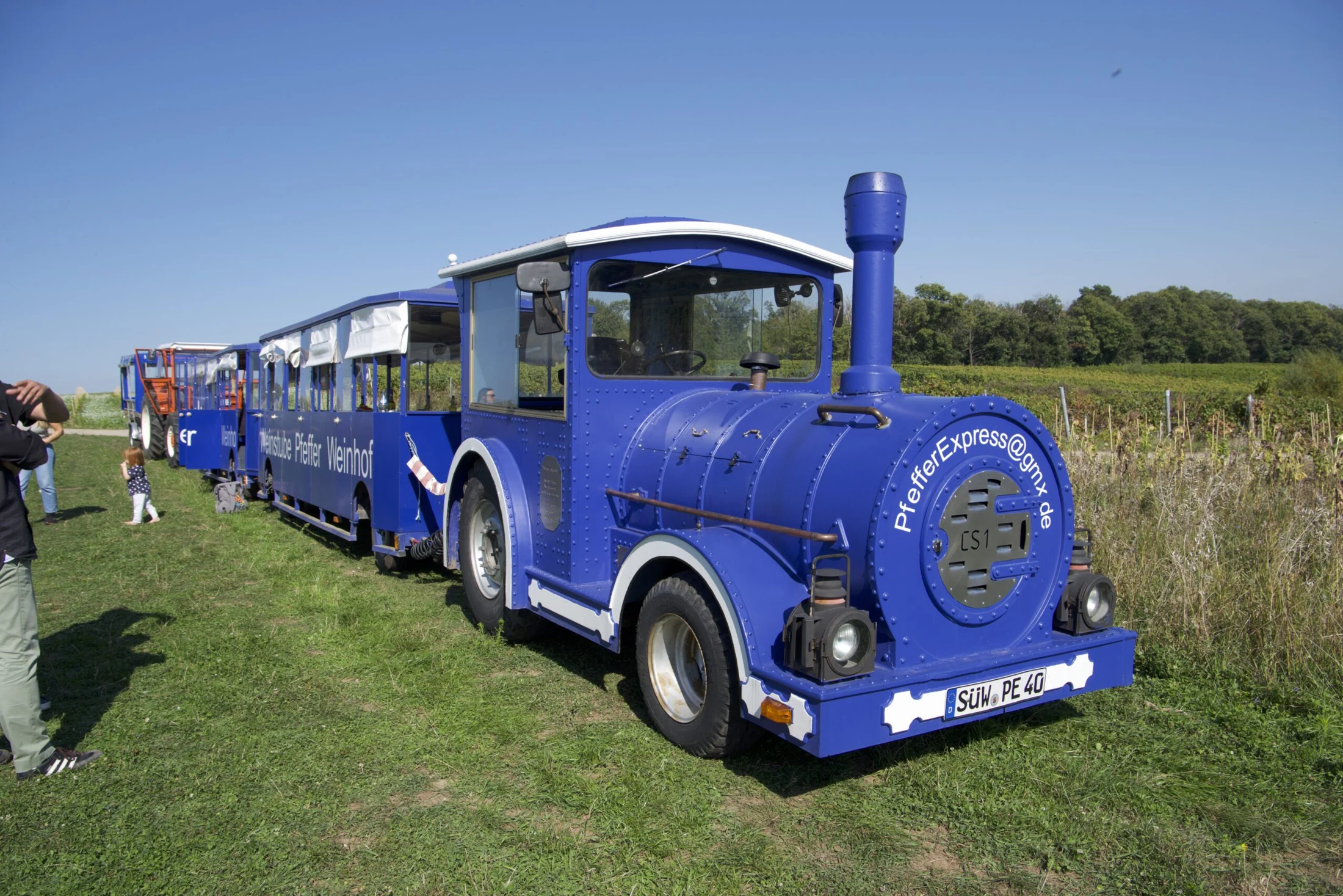 Der blaue Pfeffer-Express mit Lok und Personenwagen von außen in den Weinbergen
